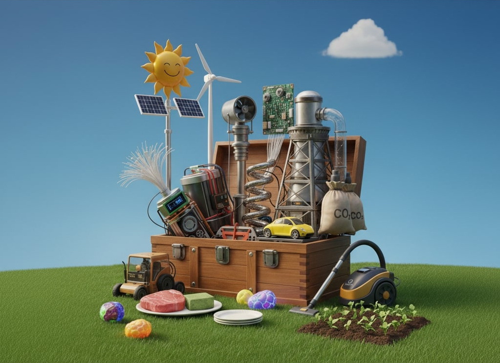 A digital illustration of climate tech as a toolkit, featuring solar panels, wind turbines, EVs, carbon capture systems, lab-grown meat, and green materials.