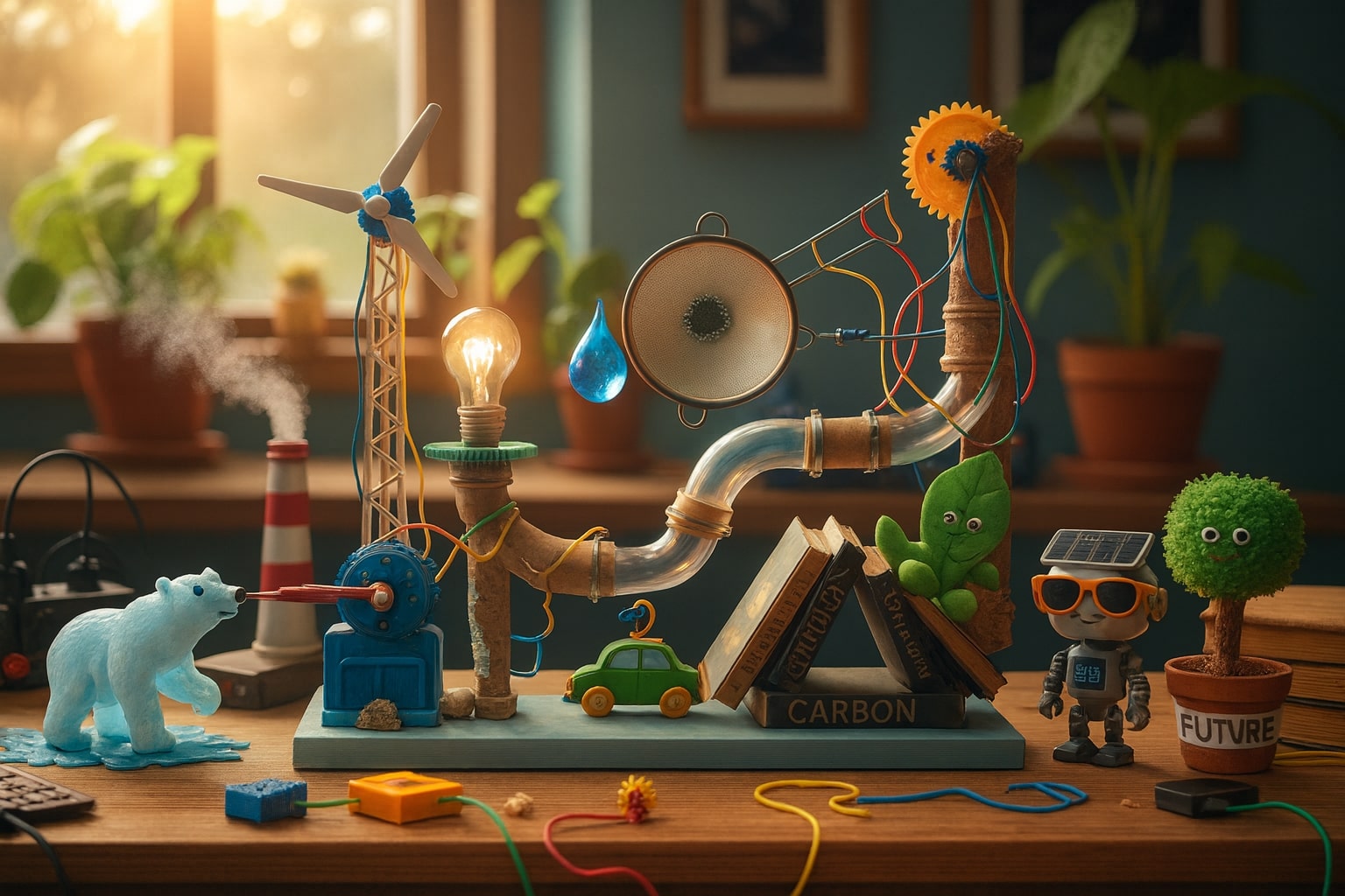 Playful climate tech illustration showing a toy-like renewable energy machine with a wind turbine, solar robot, polar bear, and green mascots symbolizing sustainability.