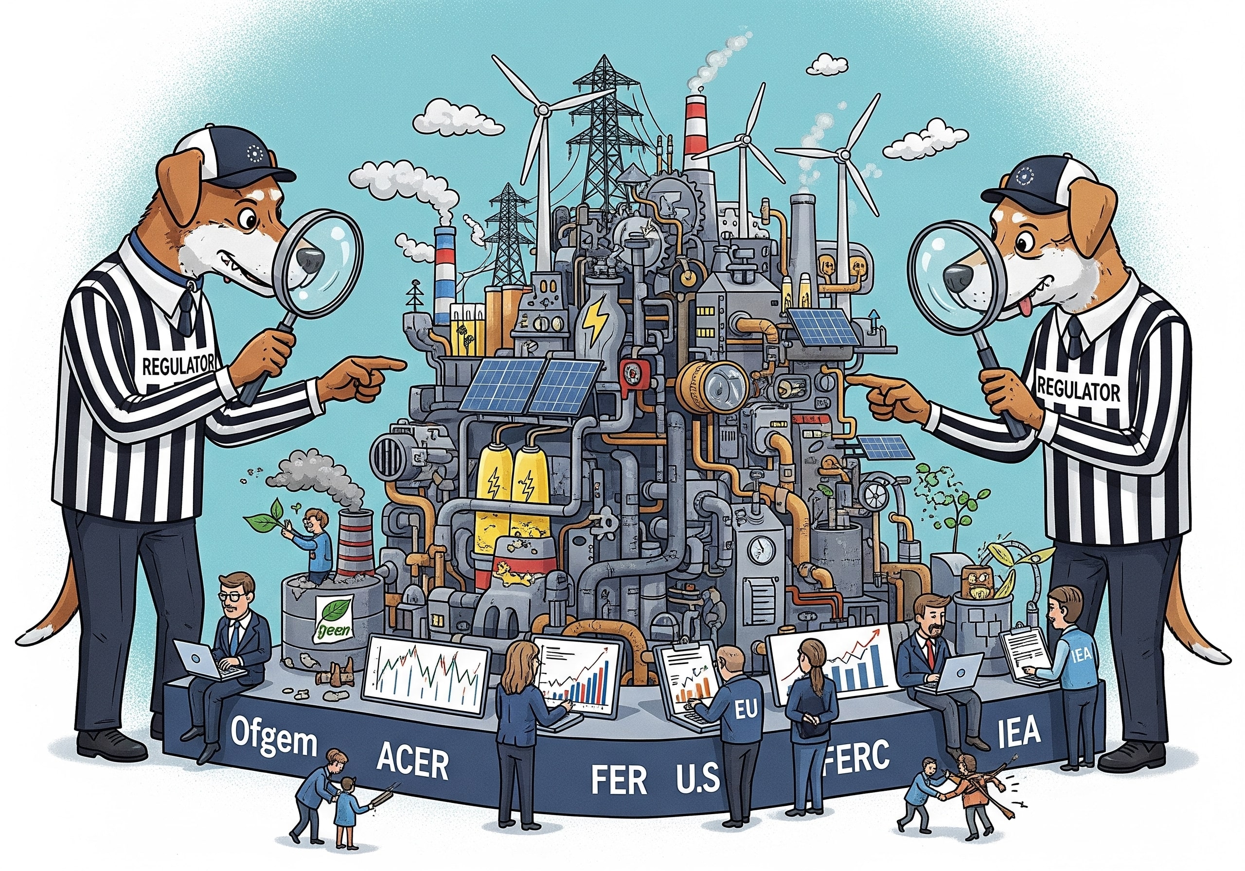 Comedic illustration of watchdog regulators inspecting a giant energy machine symbolizing how energy regulation monitors companies and prevents chaos
