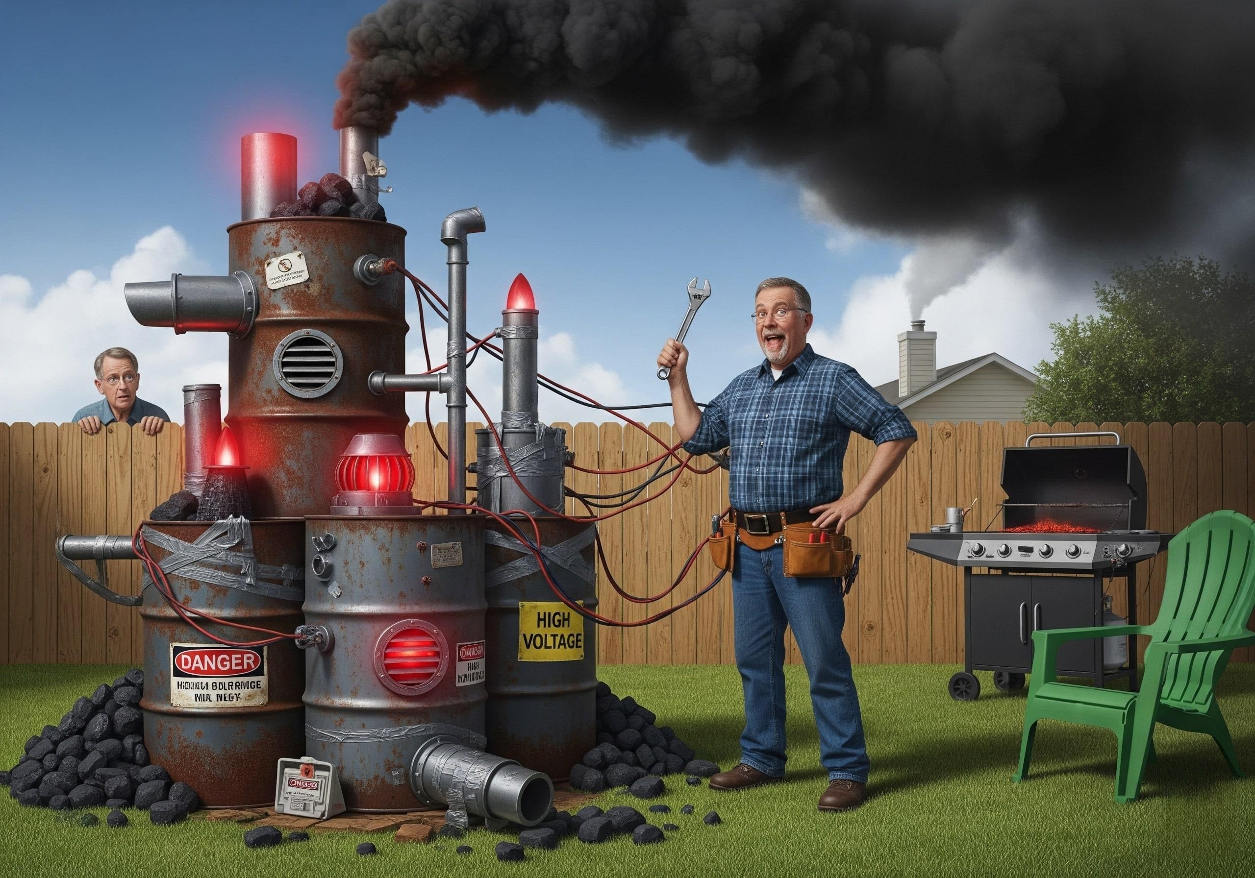 Man proudly holding a wrench next to a dangerous homemade coal-powered machine in his backyard, with smoke billowing and a neighbor peeking nervously over the fence—humorous illustration of life without energy regulation.