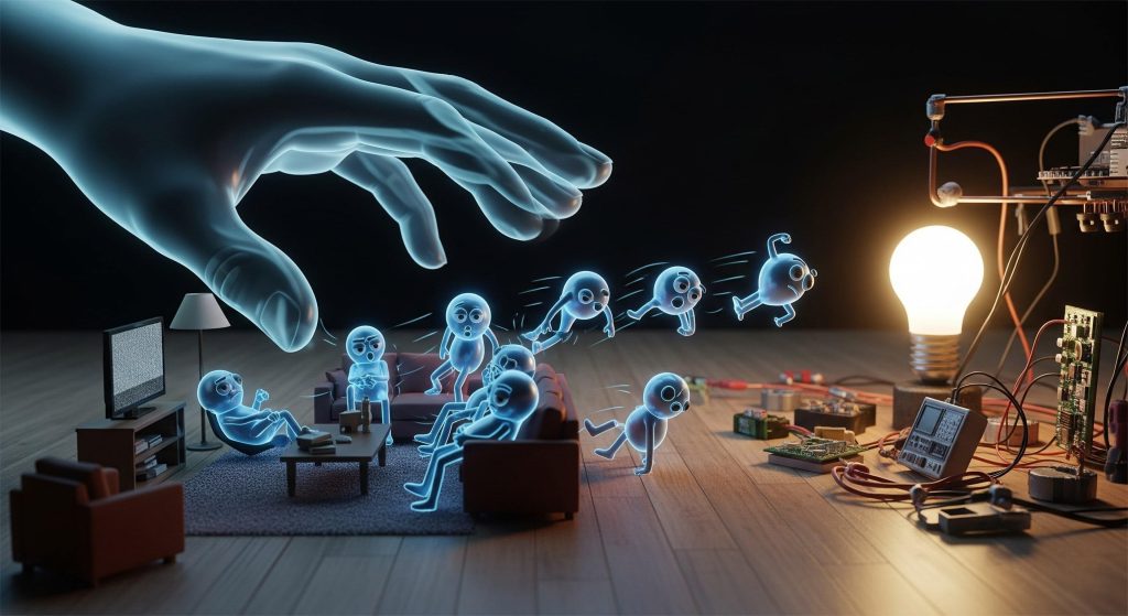 Funny ultra-realistic illustration of a giant hand (Voltage) pushing lazy cartoon electrons off a couch and into a lightbulb, symbolizing electric current.