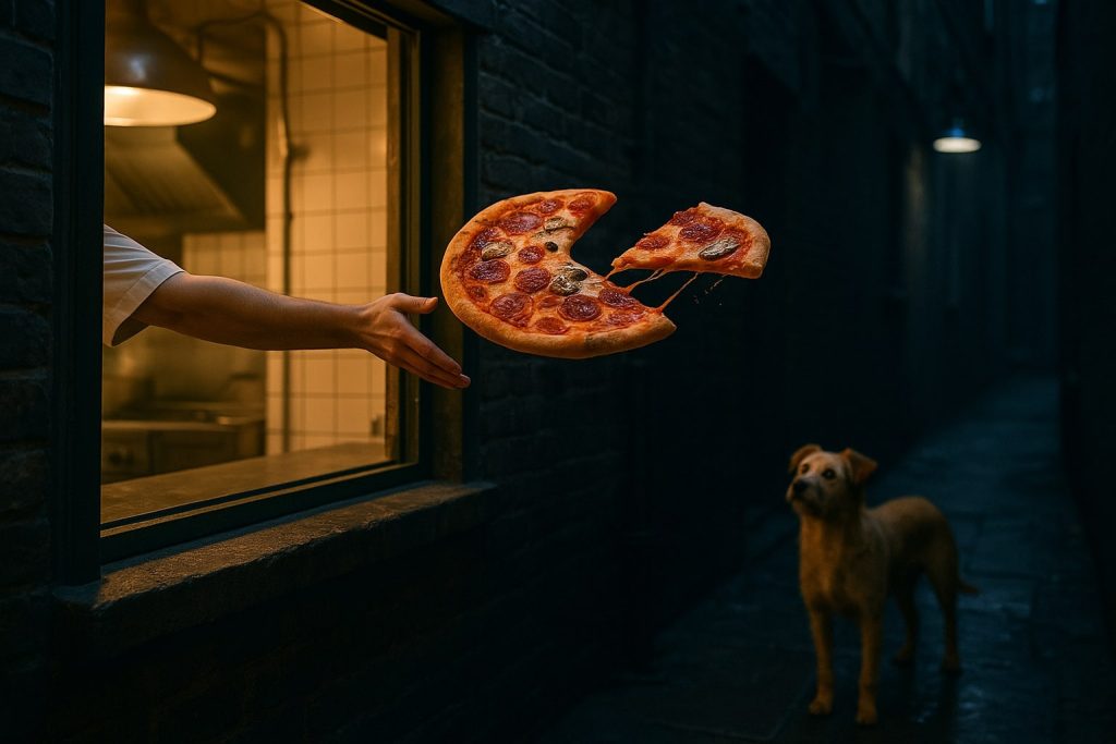 Hyper-realistic photo showing a chef’s hand tossing a half-eaten pizza out of a restaurant kitchen window into a dark alley, symbolizing wasted energy in traditional power plants and promoting cogeneration as a more efficient solution.