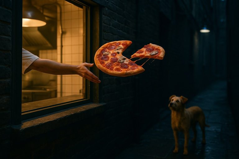 Hyper-realistic photo showing a chef’s hand tossing a half-eaten pizza out of a restaurant kitchen window into a dark alley, symbolizing wasted energy in traditional power plants and promoting cogeneration as a more efficient solution.