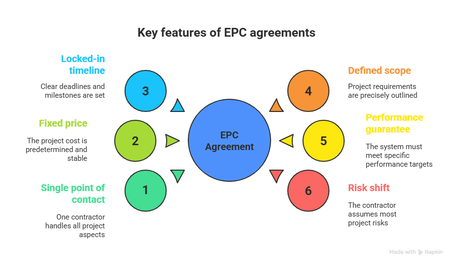 Infographic showing six key features of an EPC agreement single point of contact fixed price locked-in timeline defined scope performance guarantee and risk shift