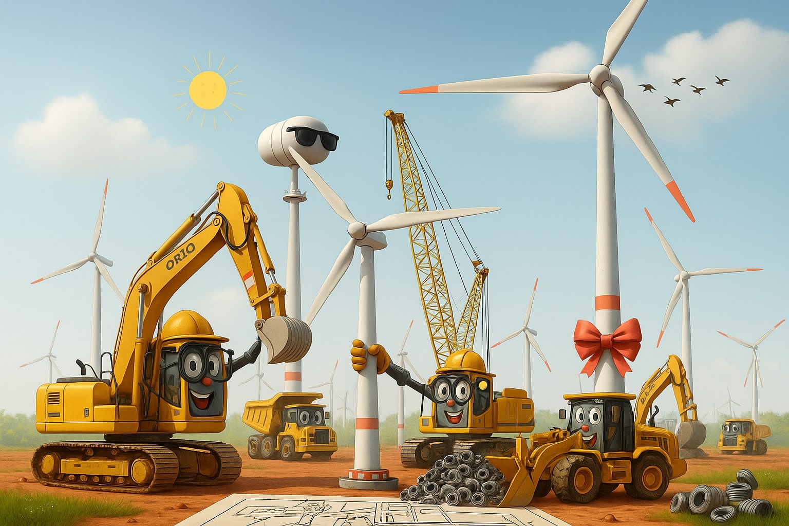 Cartoon-style construction vehicles with friendly faces assembling wind turbines on a sunny day, visually illustrating how an EPC agreement manages engineering, procurement, and construction under one coordinated project.