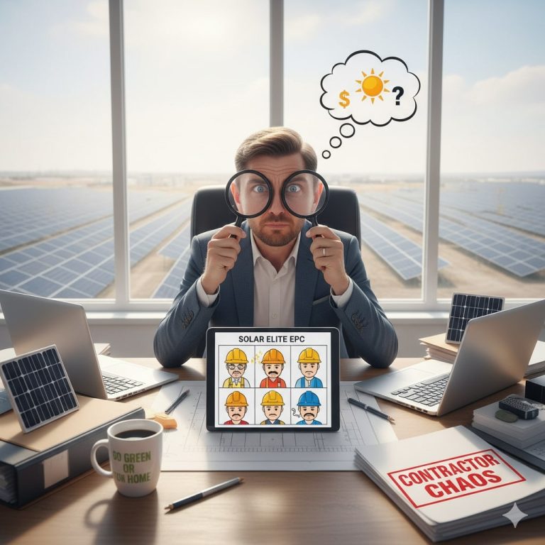 Man in an office with large solar panels visible outside examining a tablet with cartoon EPC contractors using oversized magnifying glasses illustrating the challenge of selecting the right EPC contractor under an EPC agreement