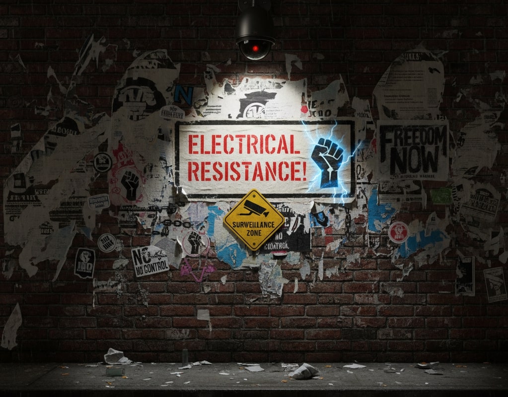 Graffiti wall with the phrase “Electrical Resistance!” in red letters and an electrified blue fist symbol under a surveillance camera, representing the concept of electrical resistance and defiance.
