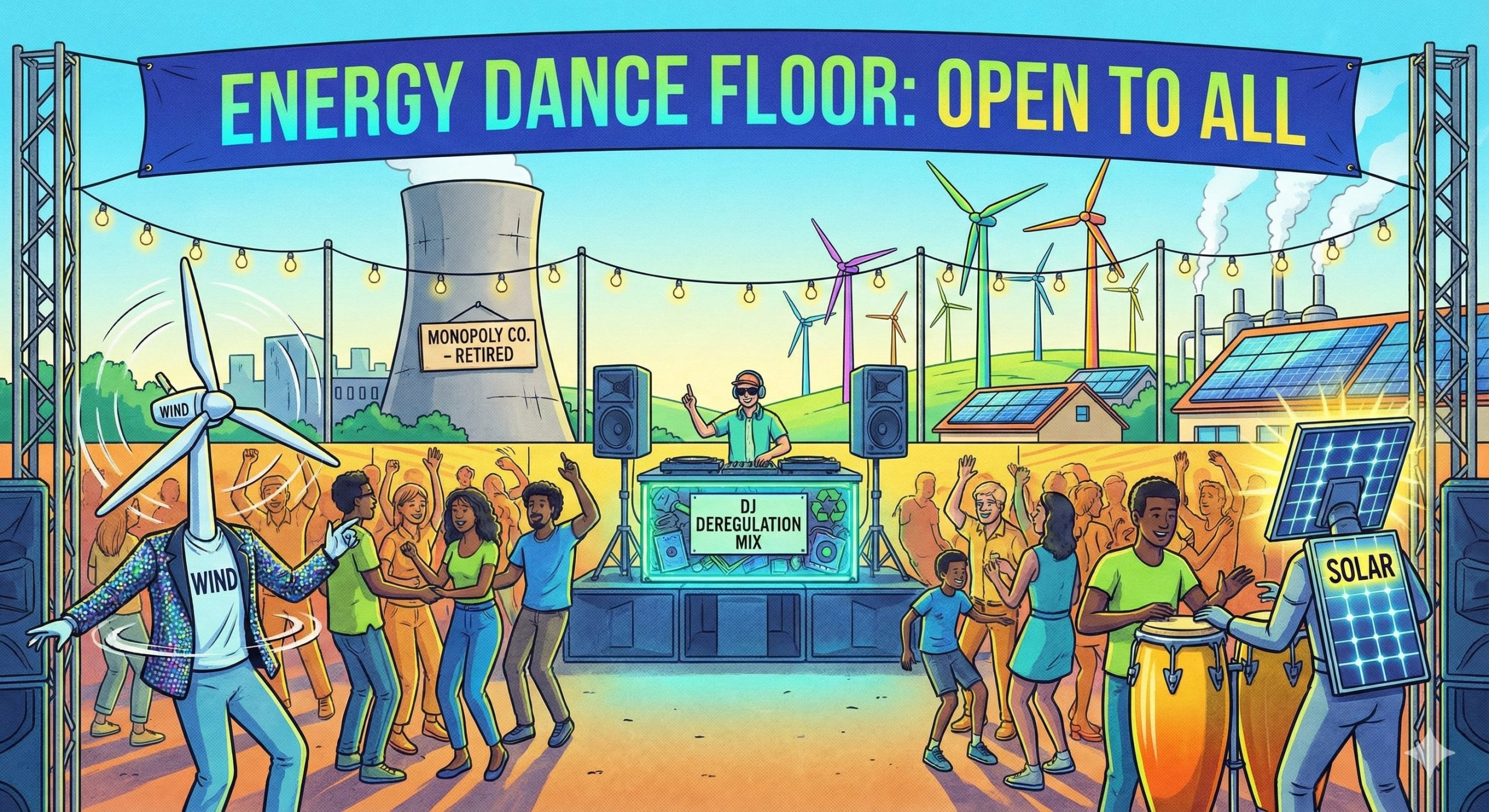 Colorful outdoor party scene where wind and solar energy characters dance with people while a DJ labeled Deregulation Mix plays symbolizing how energy deregulation opens the market to diverse renewable energy sources