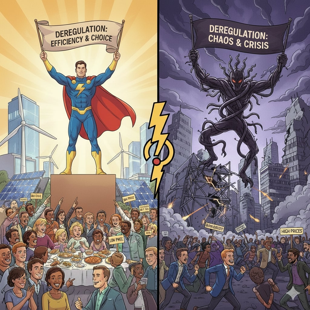 Split illustration showing energy deregulation as a superhero bringing low prices and happy crowds on the left and as a dark villain causing chaos blackouts and high prices on the right representing the controversy around energy deregulation