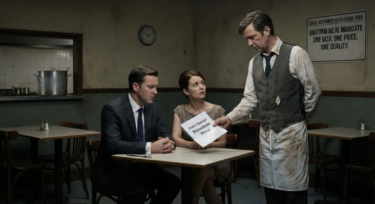 A waiter in a worn uniform presents a single-item menu labeled “Boredom Stew” to a well-dressed couple in a dull, outdated restaurant, symbolizing lack of choice before energy deregulation.
