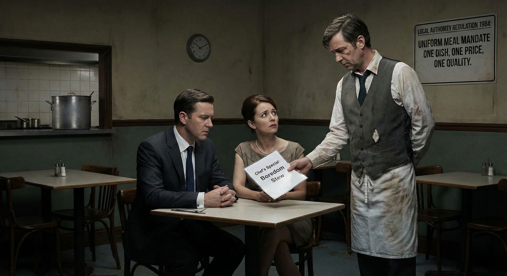 A waiter in a worn uniform presents a single-item menu labeled “Boredom Stew” to a well-dressed couple in a dull, outdated restaurant, symbolizing lack of choice before energy deregulation.