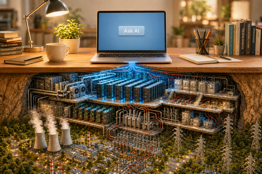 Laptop with Ask AI button connected to a hidden diorama of data centers, servers, power plants, and electricity infrastructure, illustrating AI’s energy problem.