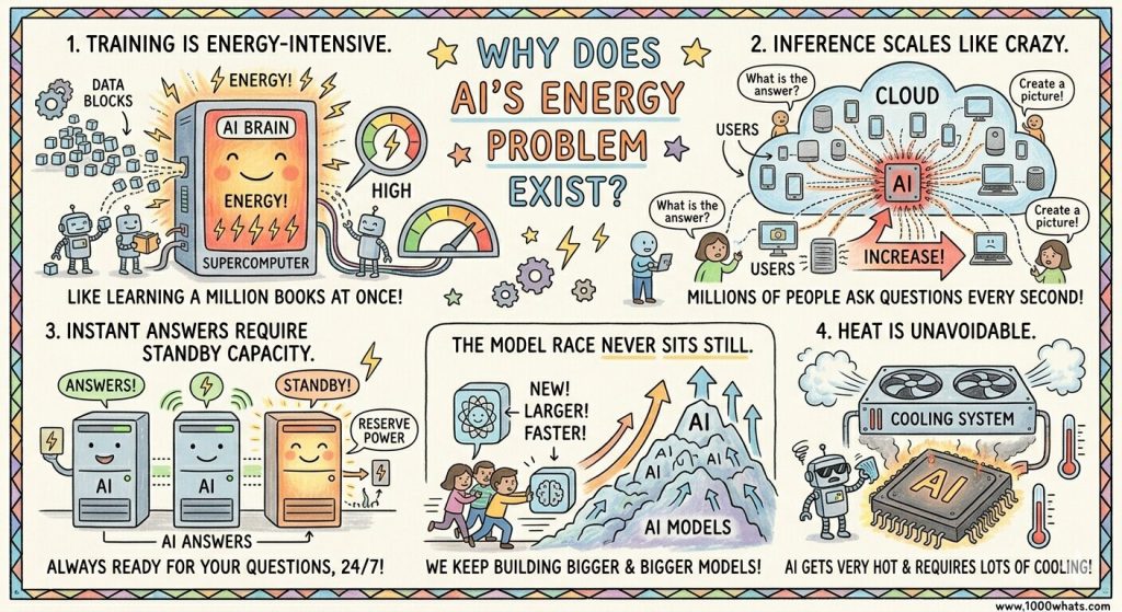 Infographic about AI's energy problem showing that AI uses large amounts of energy for training, inference at scale, standby capacity, bigger models, and cooling systems.