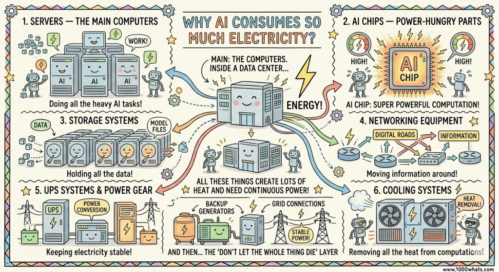 Infographic explaining AI's energy problem by showing data center components such as servers, AI chips, storage systems, network equipment, power systems, and cooling units.