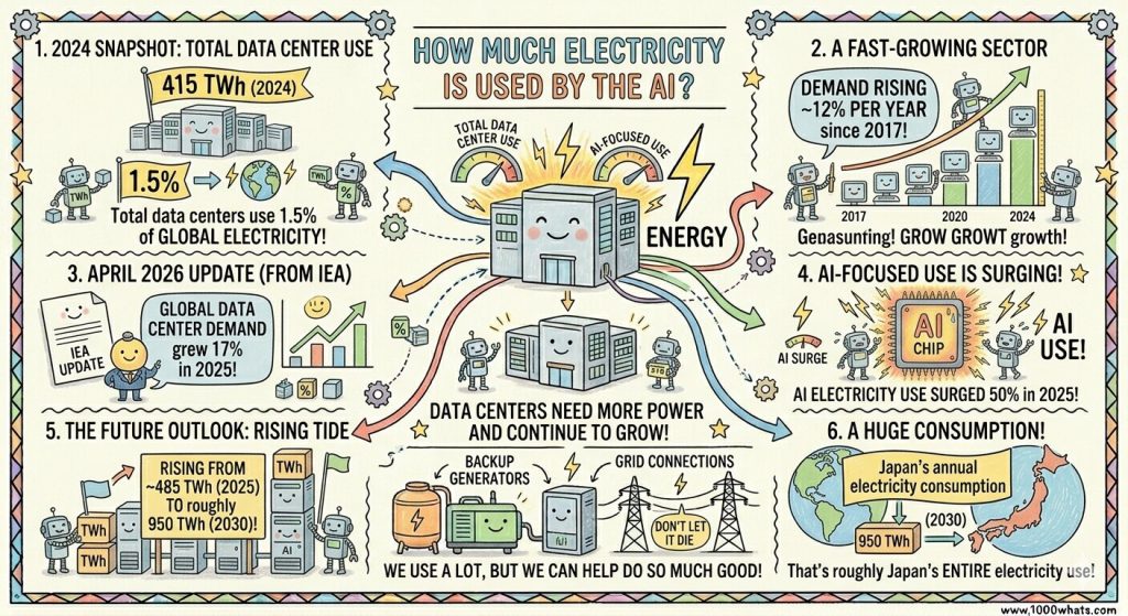 Infographic about AI's energy problem showing data center electricity use, growth in AI-related demand, and future projections for rising power consumption.