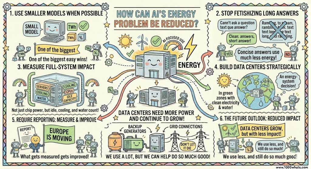 Infographic about AI's energy problem showing solutions such as smaller AI models, concise outputs, better measurement, strategic data center location, and improved reporting.