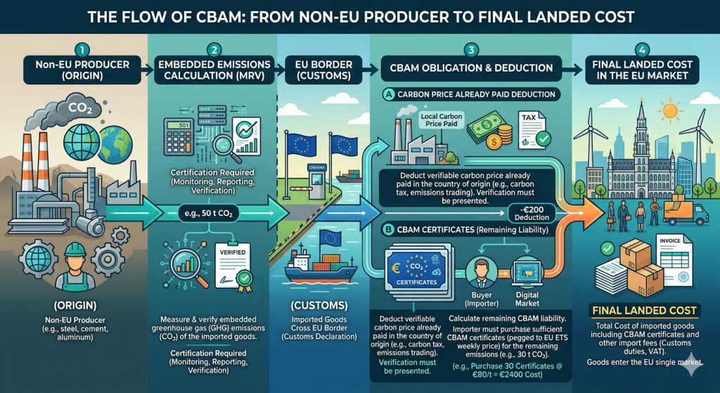 Infographic showing the flow of CBAM from a non-EU producer to the final landed cost in the EU market, including emissions verification, customs, carbon price deduction, CBAM certificates, and final import cost.
