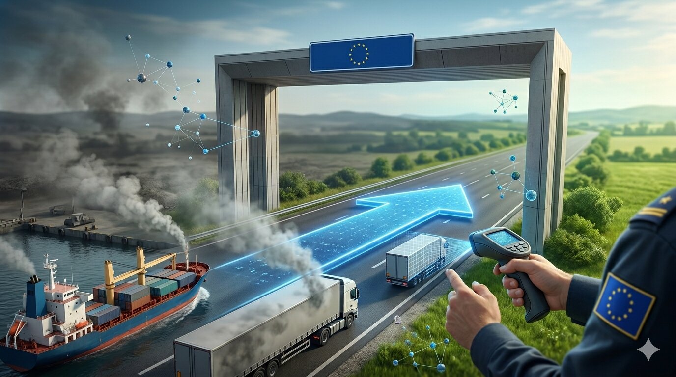 Digital illustration of CBAM at the EU border, with trucks and a cargo ship emitting smoke while imports are scanned for carbon emissions before entering the European market.