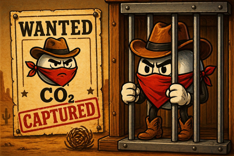 Carbon capture concept showing CO₂ as a cartoon outlaw captured in a Western jail cell beside a wanted poster.
