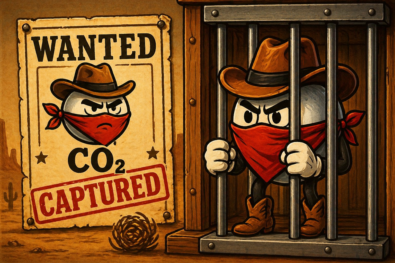 Carbon capture concept showing CO₂ as a cartoon outlaw captured in a Western jail cell beside a wanted poster.