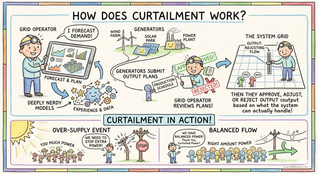 Curtailment infographic showing grid operators forecasting demand, reviewing generator schedules, and reducing excess electricity output to keep the grid balanced.