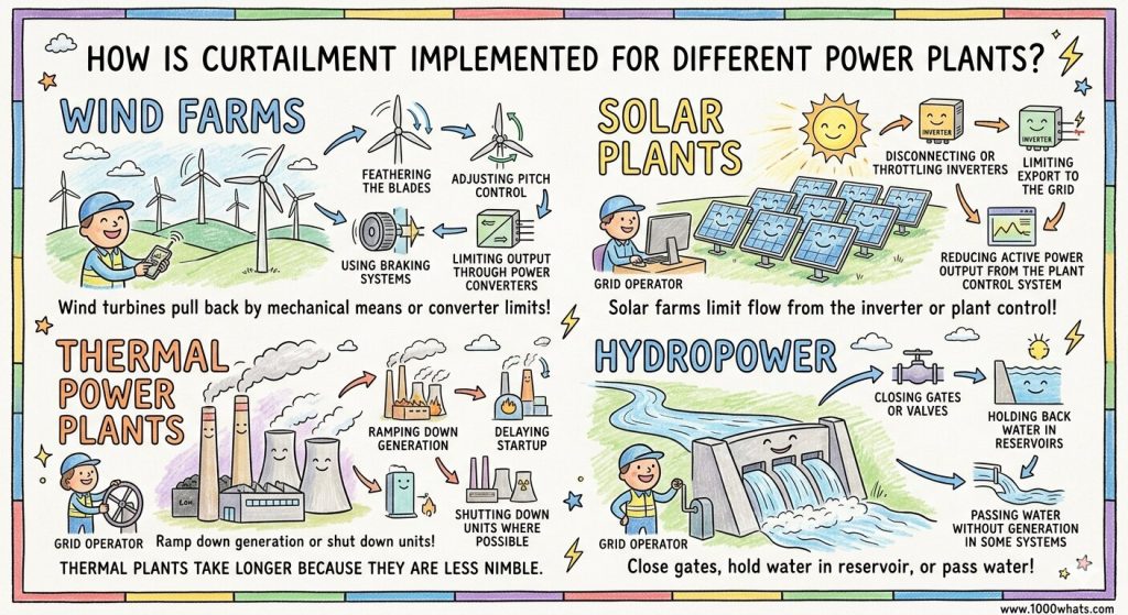 Curtailment infographic showing how wind farms, solar plants, thermal power plants, and hydropower reduce output when the grid cannot absorb more electricity.