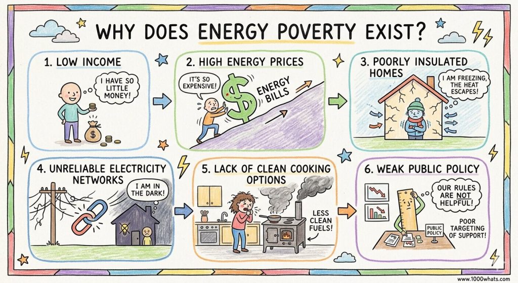 Energy poverty infographic showing its main causes, including low income, high energy prices, poorly insulated homes, unreliable electricity, lack of clean cooking, and weak public policy.