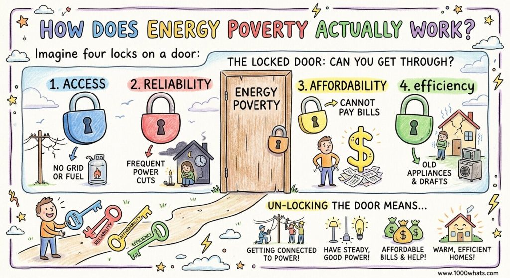 Energy poverty infographic showing four barriers—access, reliability, affordability, and efficiency—illustrated as locks preventing households from getting adequate energy.