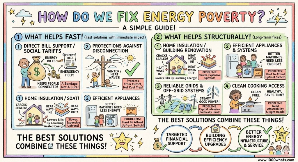 Energy poverty infographic showing solutions such as bill support, protection from disconnection, home insulation, efficient appliances, reliable grids, off-grid systems, and clean cooking access.