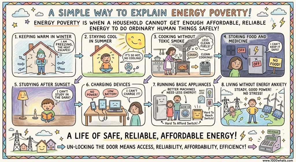 Energy poverty infographic showing how lack of affordable and reliable energy affects heating, cooling, cooking, food storage, studying, charging devices, and using household appliances.
