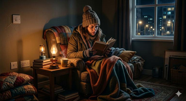 Energy poverty illustration showing a woman in a cold, dimly lit room wrapped in blankets and winter clothes because she cannot afford adequate heating and electricity.