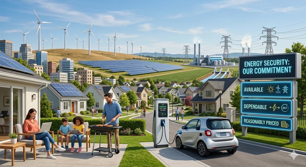 Energy security illustration showing homes, solar panels, wind turbines, power lines, and an EV charger, representing energy that is available, dependable, and reasonably priced.
