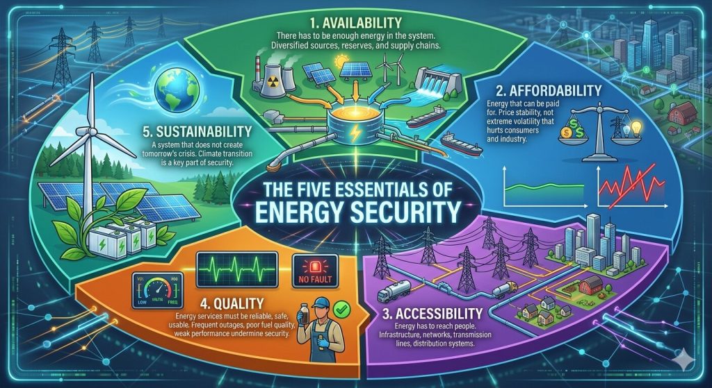 Infographic showing the five essentials of energy security: availability, affordability, accessibility, quality, and sustainability.