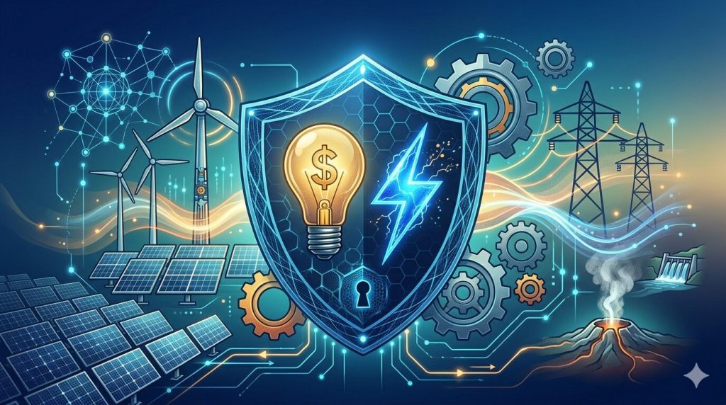 Illustration of energy security with a shield, light bulb, lightning symbol, wind turbines, solar panels, power lines, gears, and energy infrastructure.