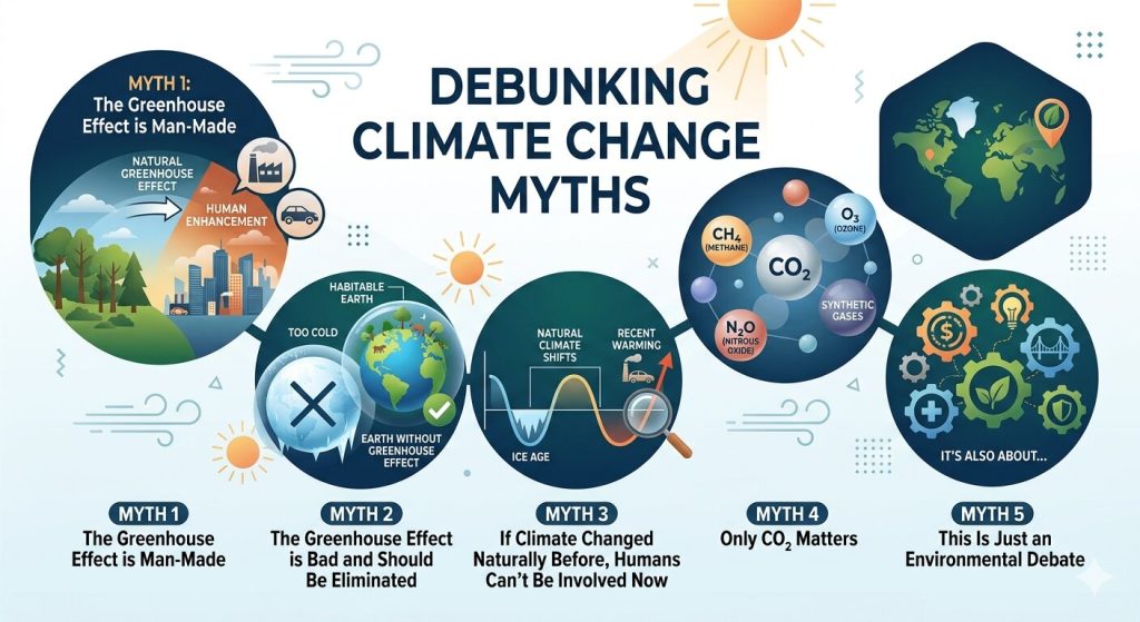 Infographic debunking climate change myths, including myths about the greenhouse effect, natural climate shifts, and greenhouse gases.