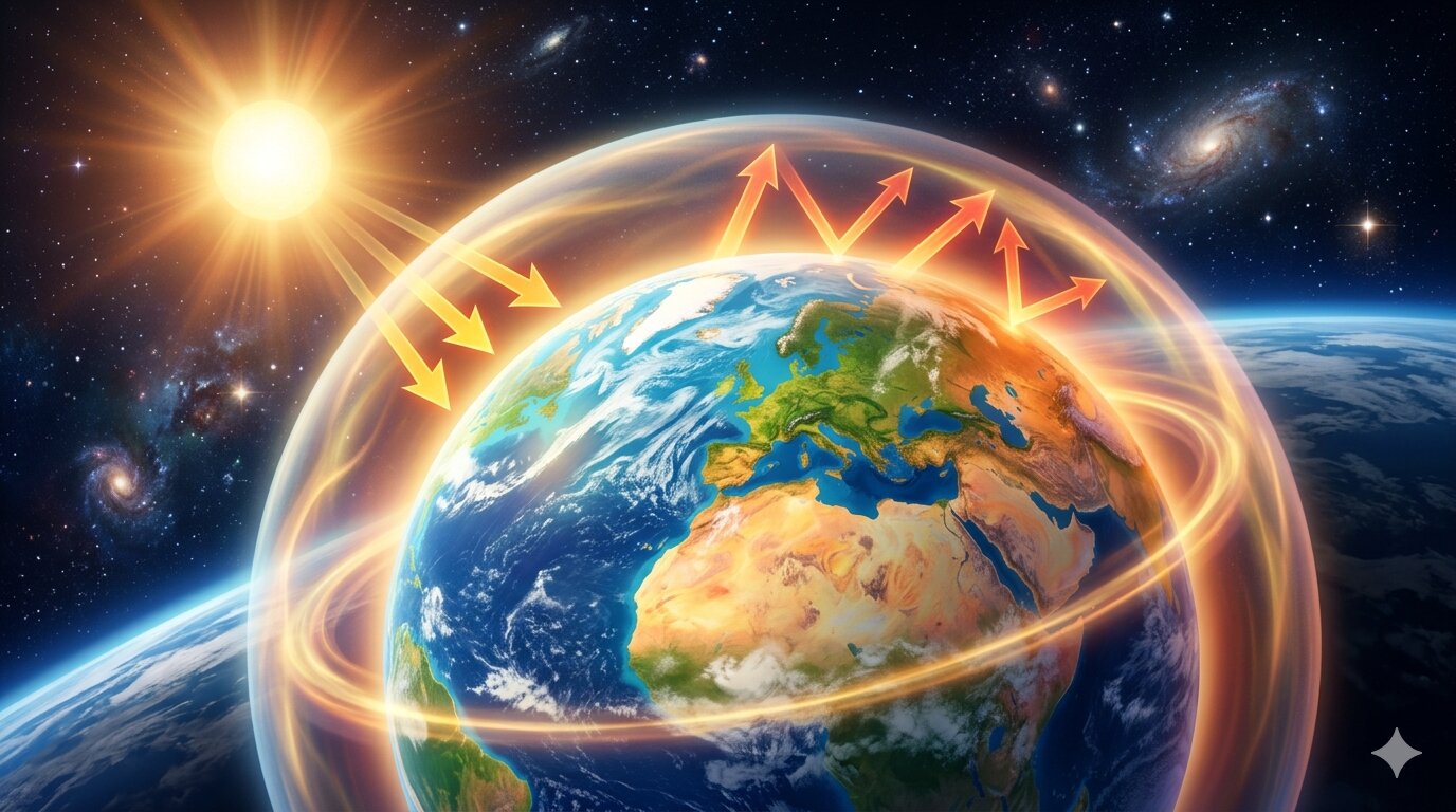 Featured illustration of Earth and the greenhouse effect with sunlight entering the atmosphere and heat radiating around the planet.