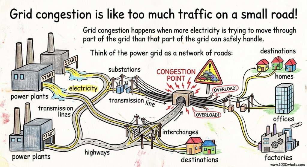 Infographic about grid congestion comparing the power grid to traffic on a small road, with power plants, transmission lines, substations, a congestion point, and homes, offices, and factories as destinations.