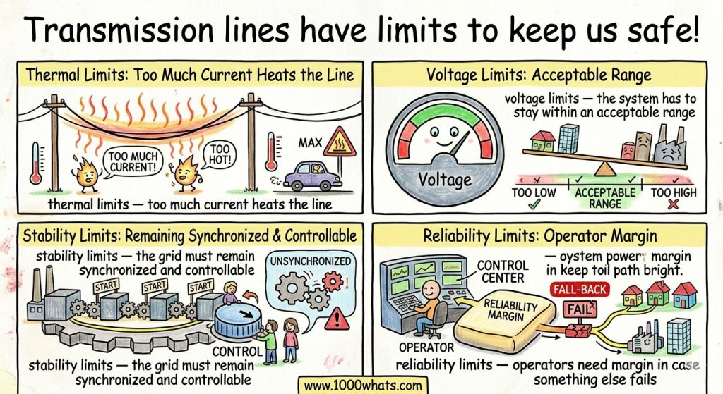 Infographic about grid congestion explaining transmission line limits, including thermal limits, voltage limits, stability limits, and reliability limits in the power grid.