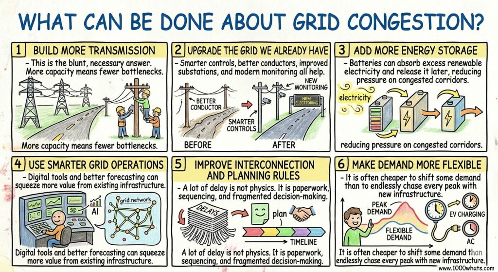 Infographic about grid congestion showing possible solutions such as building more transmission, upgrading the grid, adding storage, smarter grid operations, better planning rules, and more flexible demand.