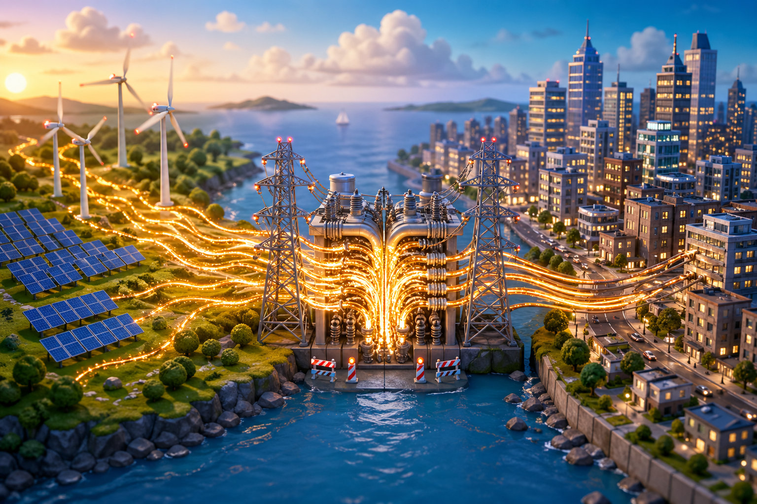 Illustration of grid congestion with solar panels, wind turbines, transmission towers, and a glowing power substation sending electricity toward a dense coastal city.