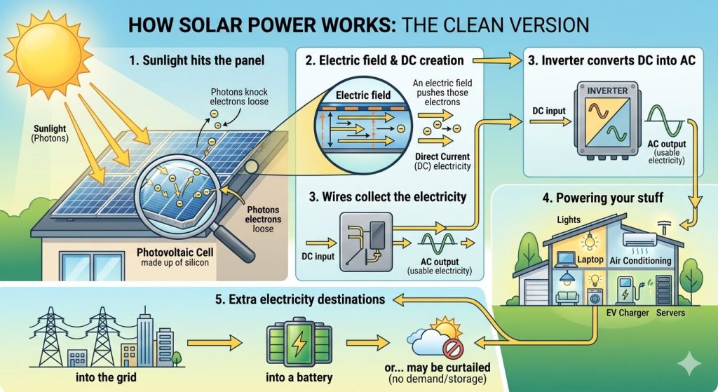 Infographic showing how solar power works: sunlight hits solar panels, photons free electrons in silicon cells, DC electricity is created, an inverter converts DC to AC, the electricity powers home devices, and extra power goes to the grid, a battery, or is curtailed.