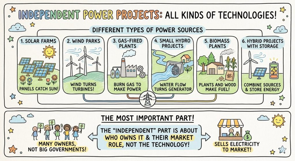 Independent power project infographic showing solar, wind, gas, hydro, biomass, and hybrid power technologies, with emphasis on private ownership and selling electricity to the market.