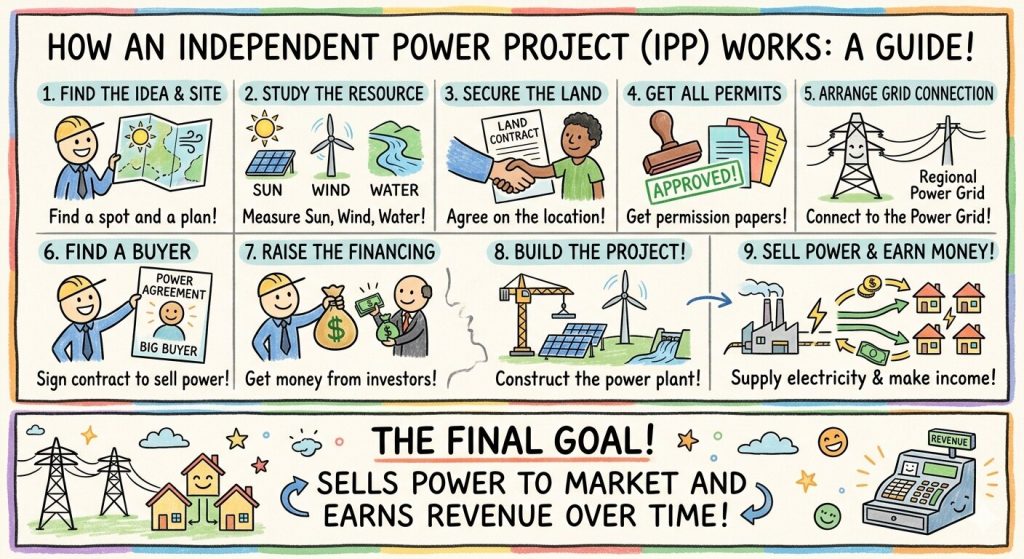 Independent power project infographic showing the steps of IPP development, including site selection, resource study, land, permits, grid connection, financing, construction, and electricity sales.