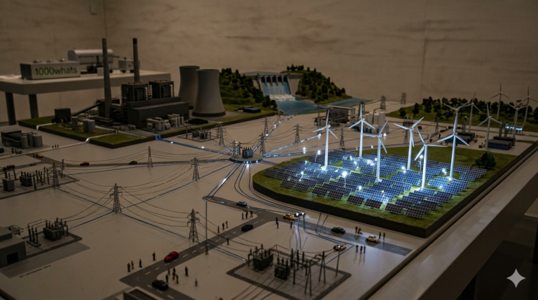 Independent power projects illustration showing solar, wind, hydropower, conventional plants, substations, and transmission lines connected in one power grid model.