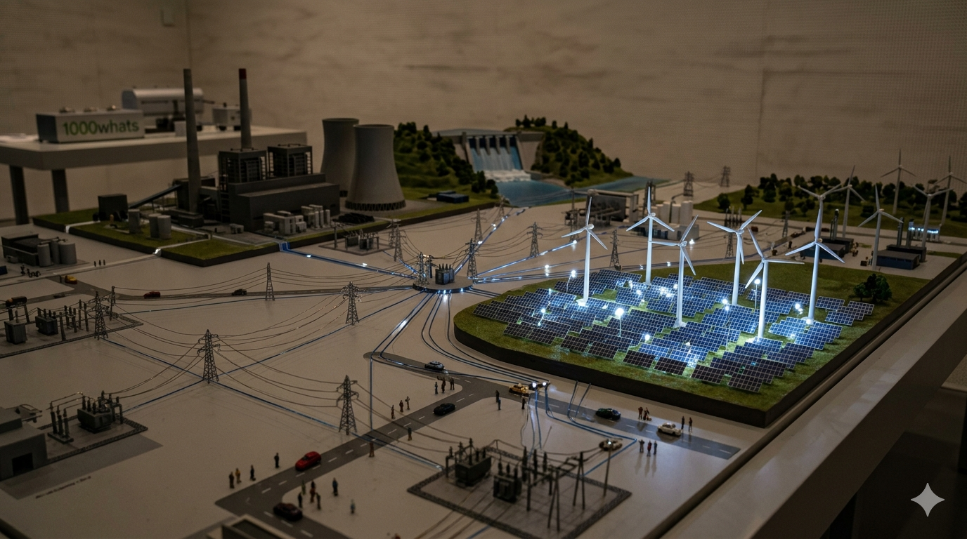 Independent power projects illustration showing solar, wind, hydropower, conventional plants, substations, and transmission lines connected in one power grid model.