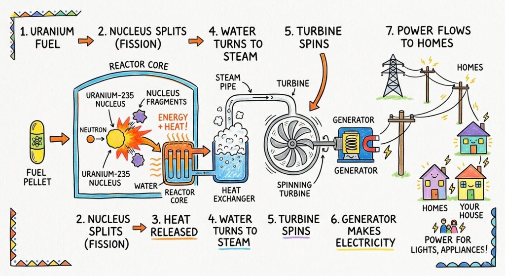 Nuclear energy infographic showing uranium fission in a reactor core, heat turning water into steam, turbine spinning, generator producing electricity, and power flowing to homes.