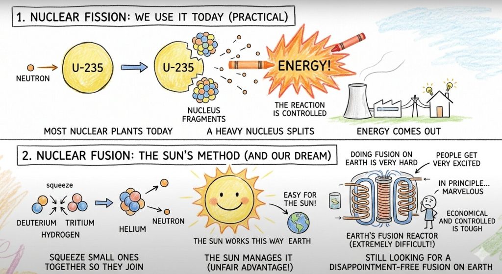 Nuclear energy comparison chart showing nuclear fission in today’s power plants and nuclear fusion as the Sun’s process and a future energy goal on Earth.