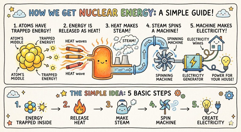 Nuclear energy infographic showing atomic energy released as heat, steam turning a turbine, and a generator producing electricity for homes.