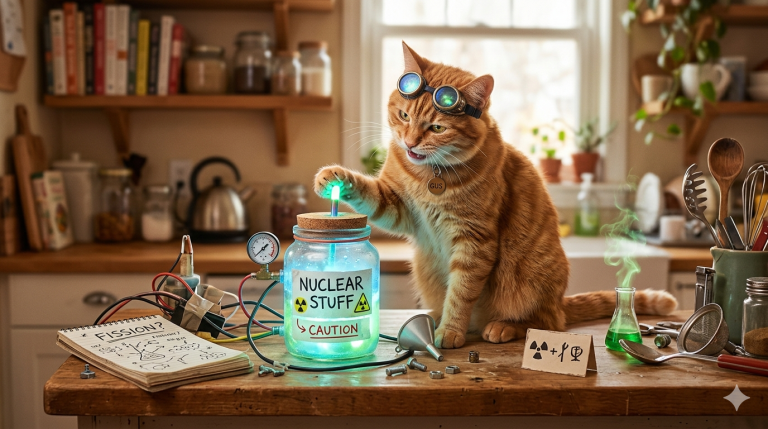 Nuclear energy concept illustration with a ginger cat scientist testing a glowing jar in a kitchen lab.