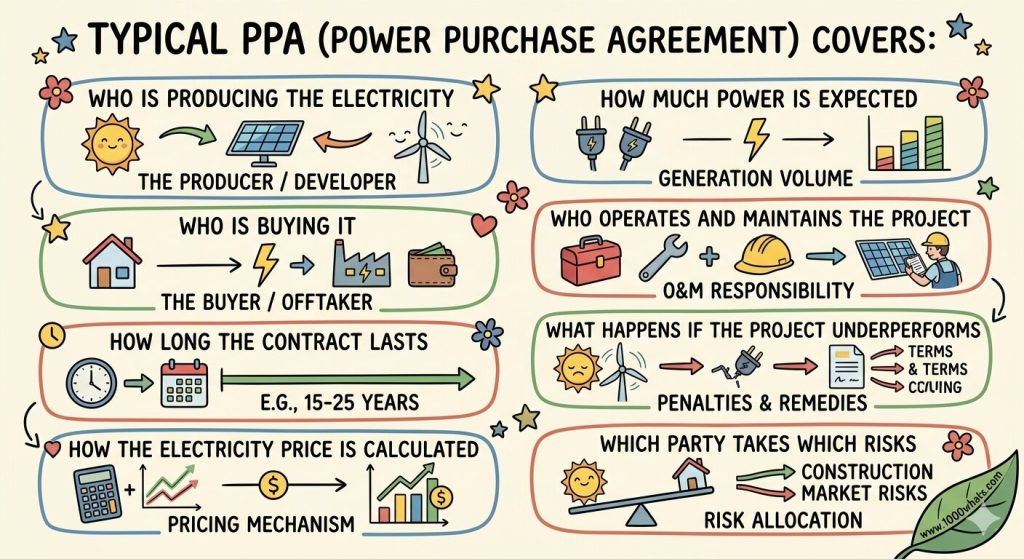 Infographic about a Power Purchase Agreement (PPA) showing the typical contract elements, including producer, buyer, generation volume, pricing, contract term, operations and maintenance, penalties, and risk allocation.